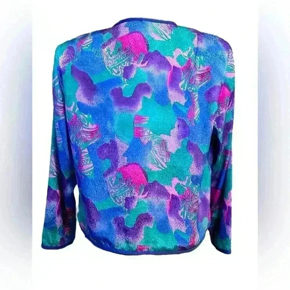 VTG Castleberry Womens Jacket Blazer Blue Purple Satin Button Down S/M - Picture 3 of 10